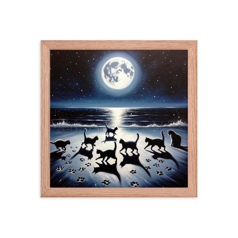 Cats Playing Tag on Moonlit Beach - Magical & Playful Framed Poster - Oh Posters