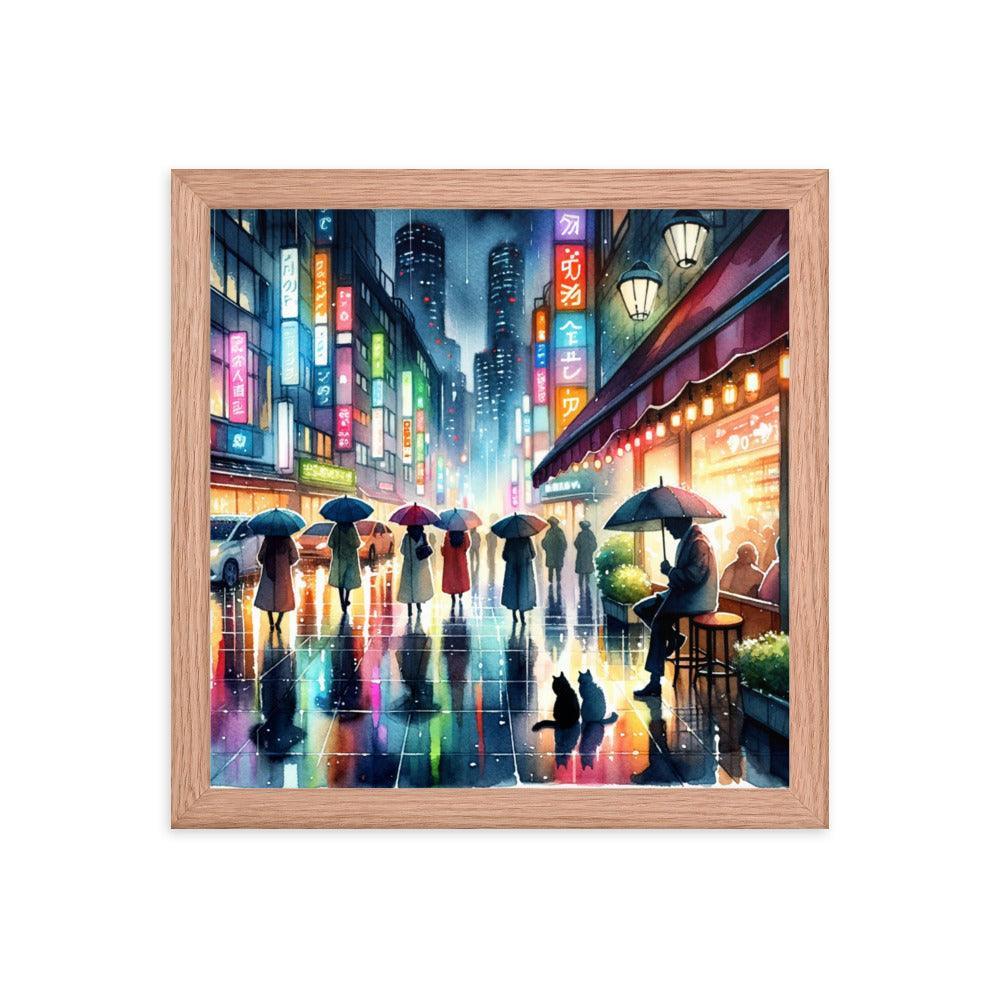 Cats Under Cafe Awning on Rainy City Evening - Atmospheric & Urban Framed Poster - Oh Posters