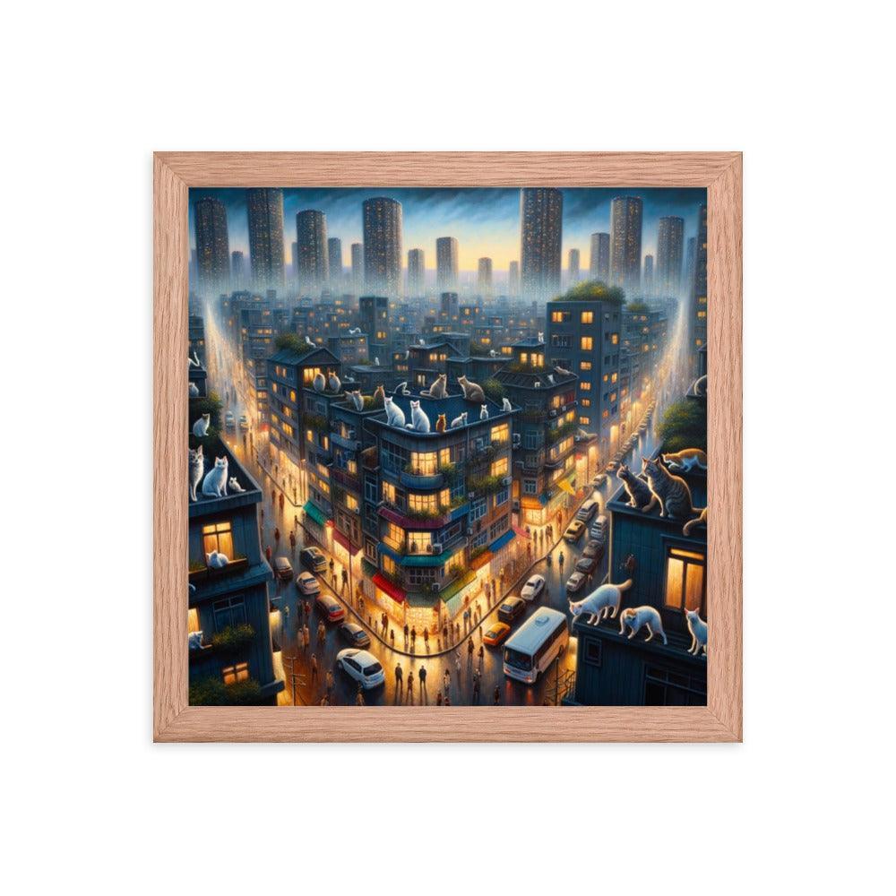 Cats' Twilight Cityscape Magical Glow Art Framed Poster - Oh Posters