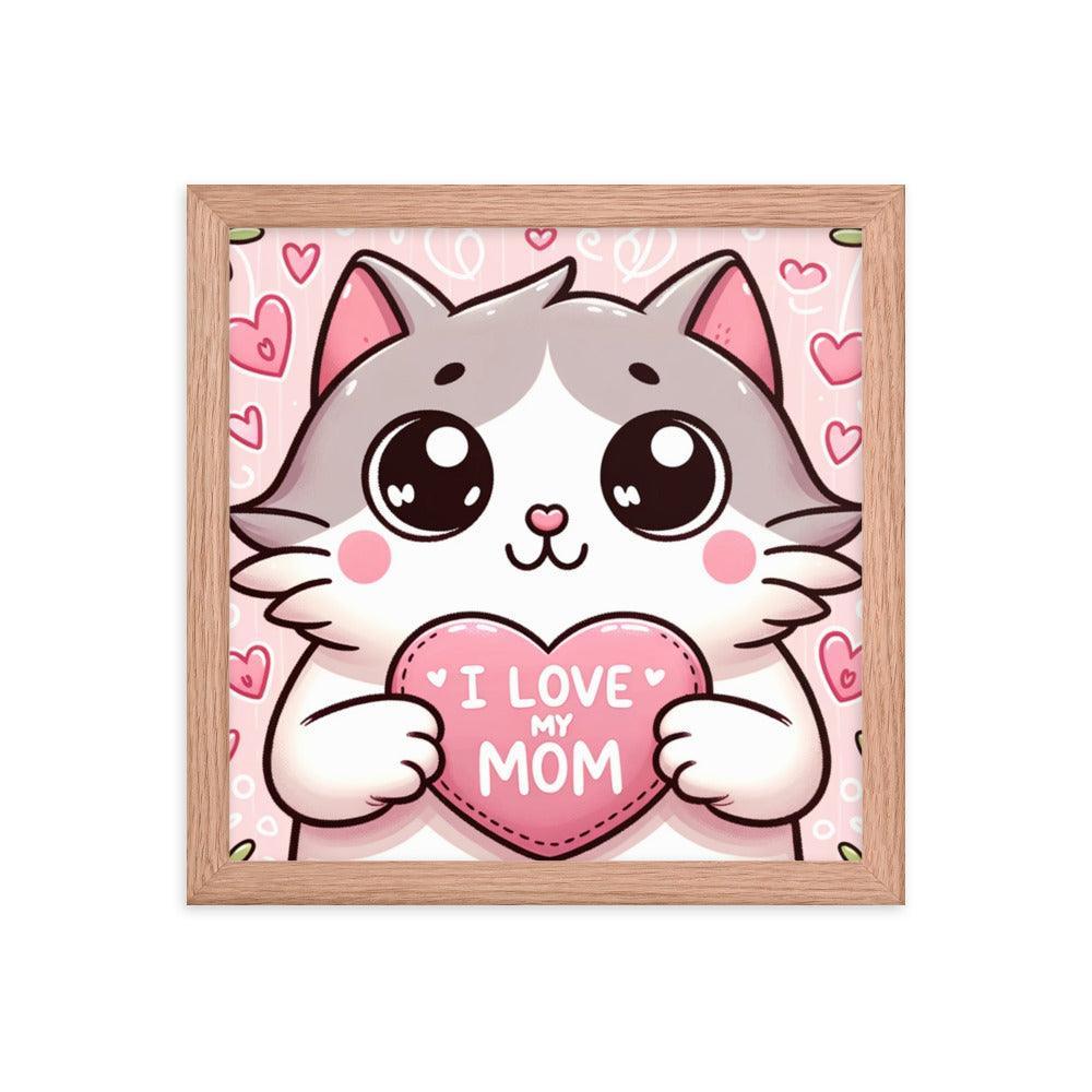 Cat Holding 'I Love My Mom' Sign on Lavender Heart Backdrop - Affectionate & Playful Framed Poster - Oh Posters