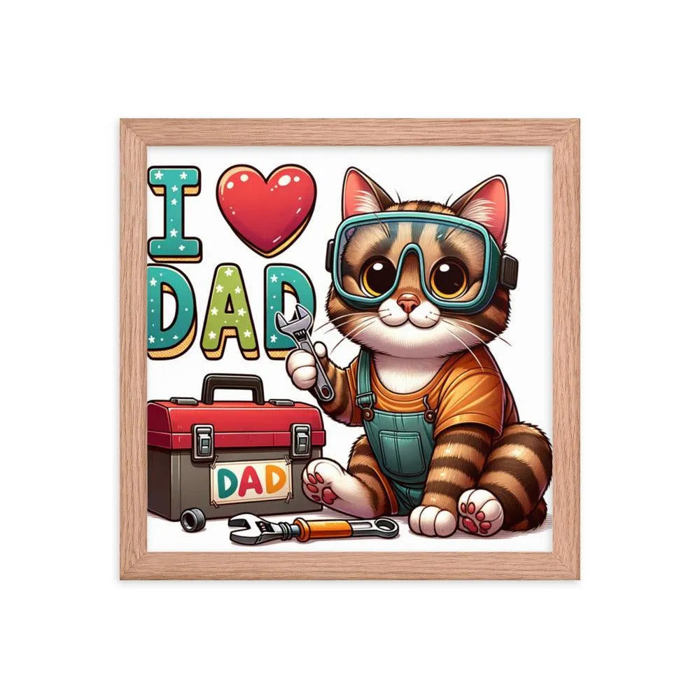 I Love Dad Handyman Cat Cartoon Framed Poster - Oh Posters