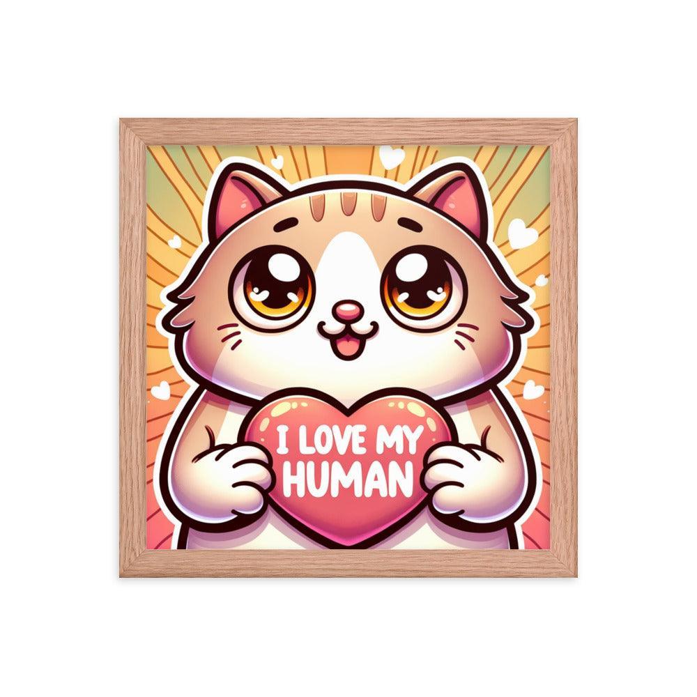 Cat with 'I Love My Human' Heart Sign on Warm Gradient - Affectionate Framed Poster - Oh Posters