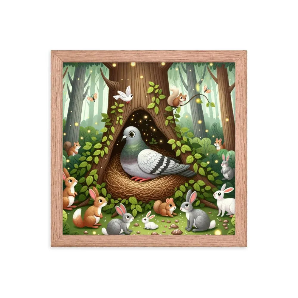 Pigeon in Forest Tree Hollow with Curious Creatures - Whimsical Woodland Framed Poster - Oh Posters