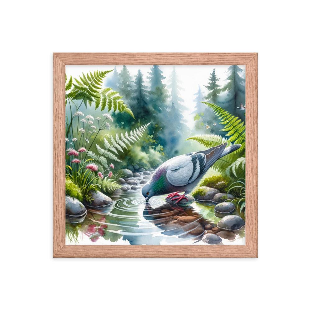 Pigeon Drinking from Forest Stream Art Framed Poster - Oh Posters