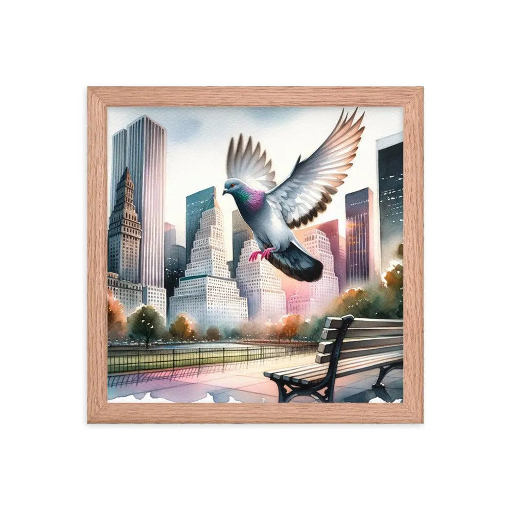 Urban Pigeon Over City Park Watercolor Illustration Framed Poster - Oh Posters