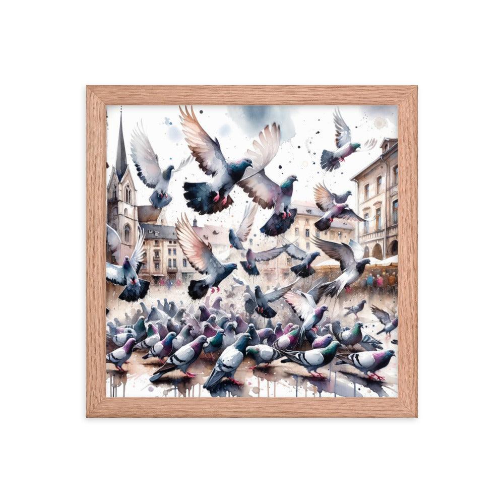 Pigeon Flock Dynamic Watercolor Cityscape Framed Poster - Oh Posters