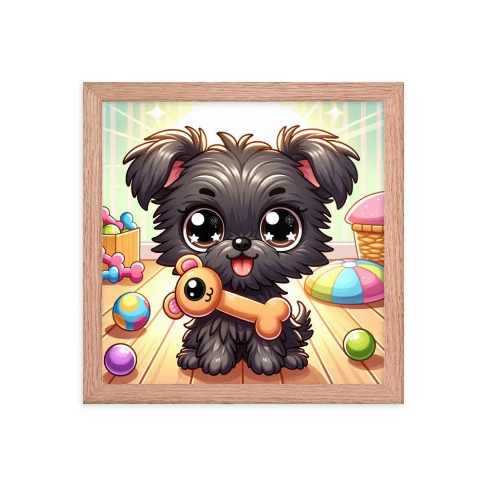 Cute Affenpinscher Puppy with Toy - Playful Charm in Cartoon Framed Poster - Oh Posters