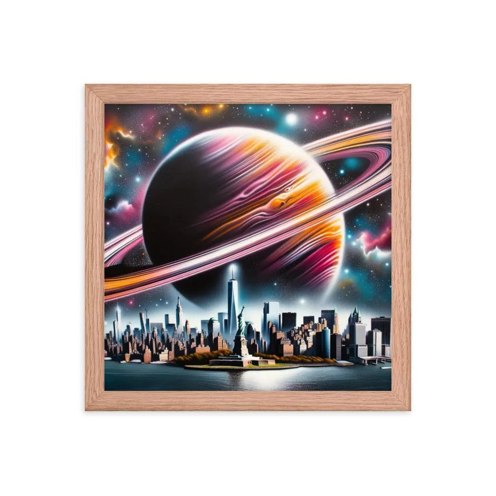 Futuristic New York City Skyline with Saturn Spray Paint Art Framed Poster - Oh Posters