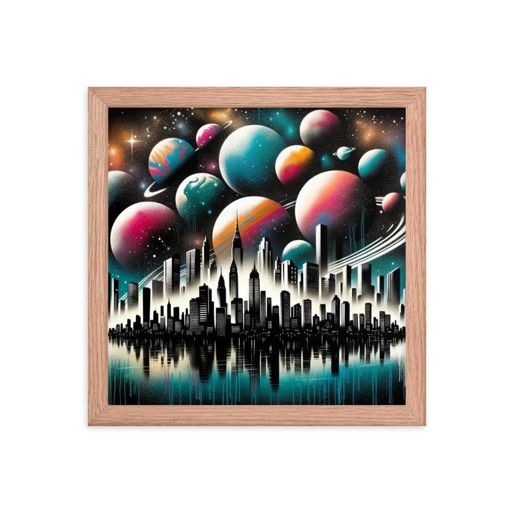 Cityscape Silhouette with Cosmic Planet Sky Spray Paint Art Framed Poster - Oh Posters