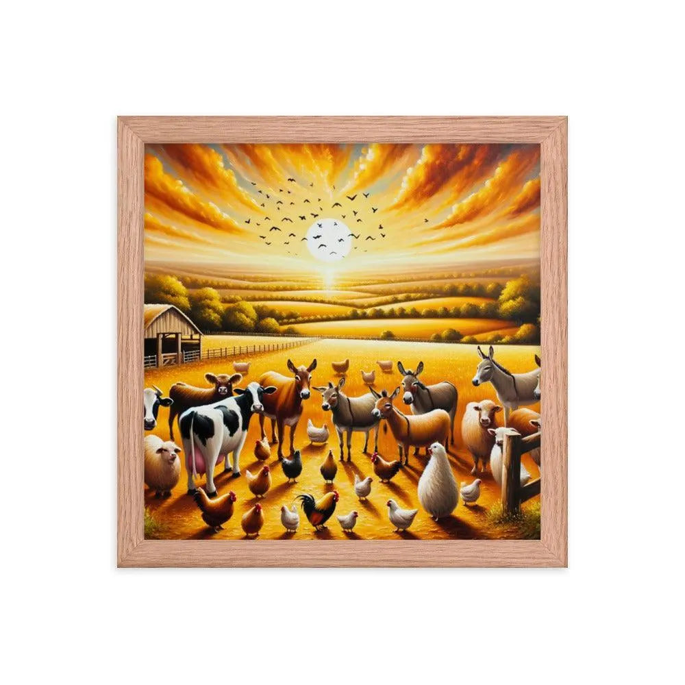 Golden Hour Farm Animals Acrylic Painting Framed Poster - Oh Posters