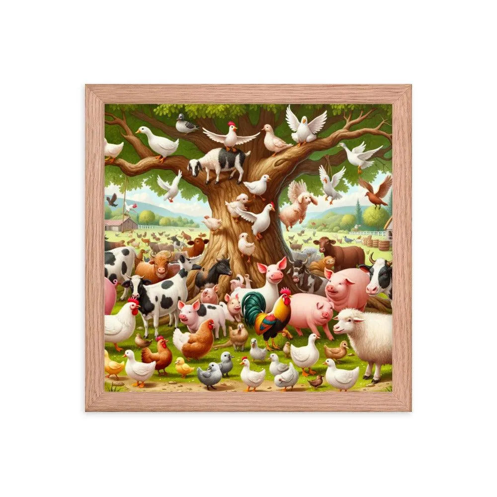 Diverse Farm Animal Gathering Illustration Framed Poster - Oh Posters