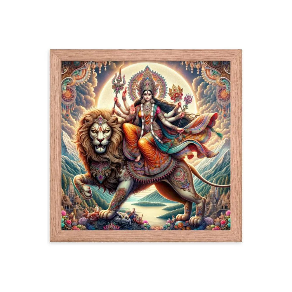 Goddess Durga on Lion Divine Hindu Art Framed Poster - Oh Posters