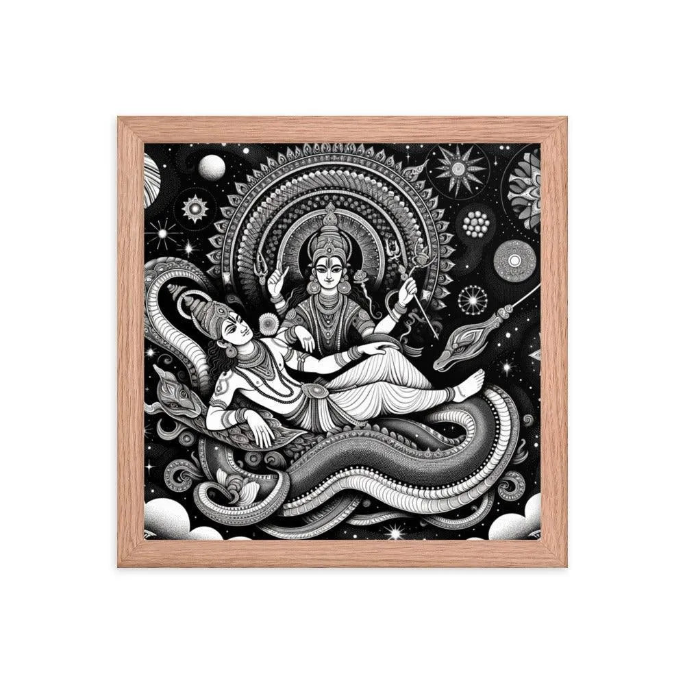 Hindu Lord Vishnu and Goddess Lakshmi Cosmic Serpent Divine Art Framed Poster - Oh Posters