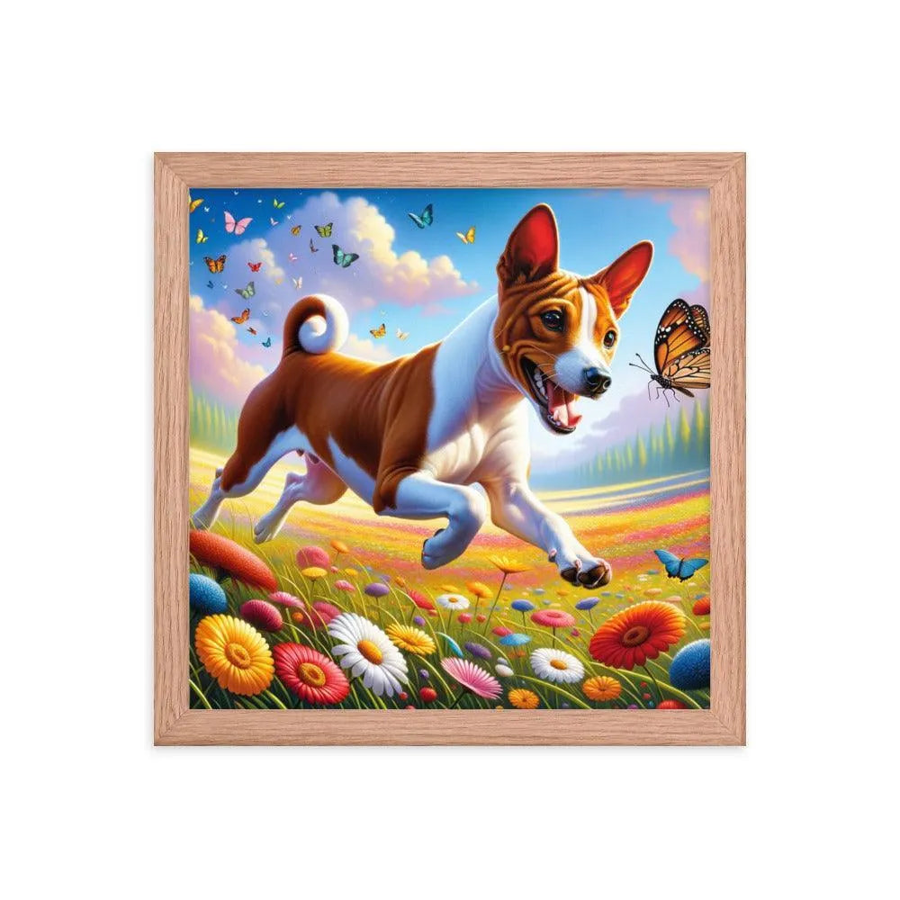 Energetic Basenji Dog Chasing Butterfly in Vibrant Meadow Landscape Framed Poster - Oh Posters