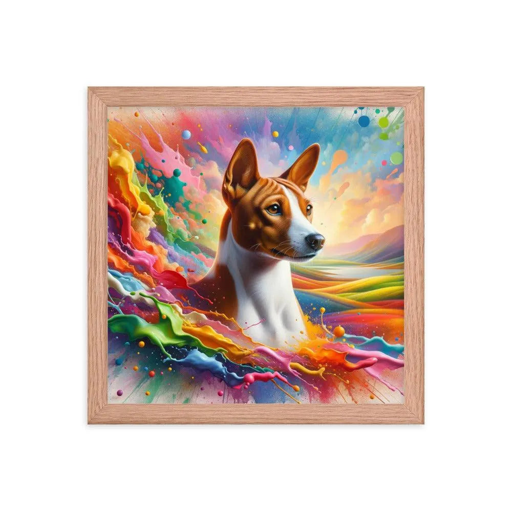 Realistic Basenji Dog Amidst Rainbow Splatter Framed Poster - Oh Posters