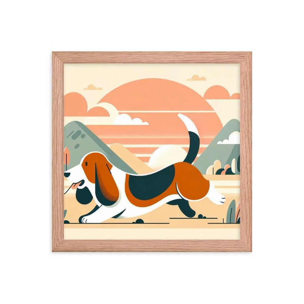 Joyful Basset Hound's Tail Chase Flat Art Framed Poster - Oh Posters