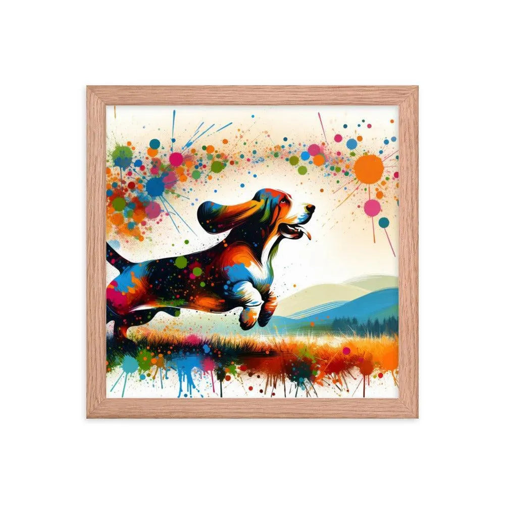 Joyful Basset Hound Playful Splatter Art Framed Poster - Oh Posters