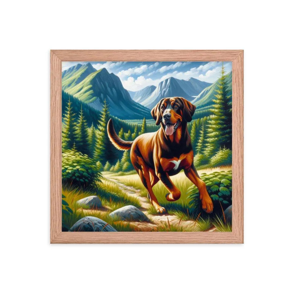 Playful Bavarian Mountain Hound in Mountain Forest Painting Framed Poster - Oh Posters