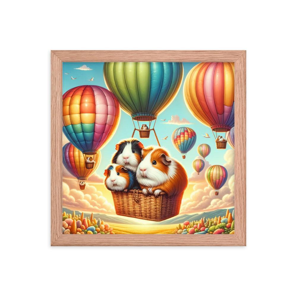 Guinea Pigs Soaring in Colorful Hot Air Balloons Illustration Framed Poster - Oh Posters