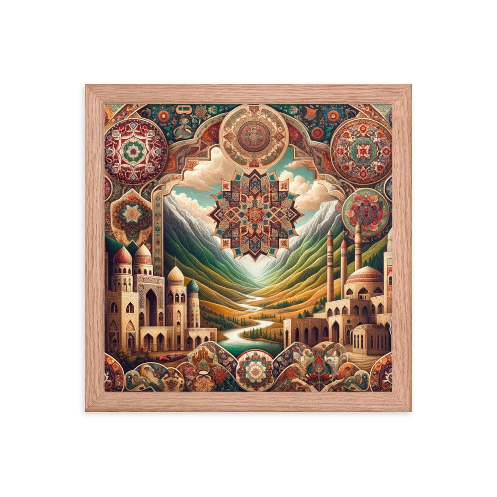 Captivating Azerbaijani Art Essence: Traditional Carpet Designs, Folkloric Symbols & Scenic Landscape Background Framed Poster - Oh Posters