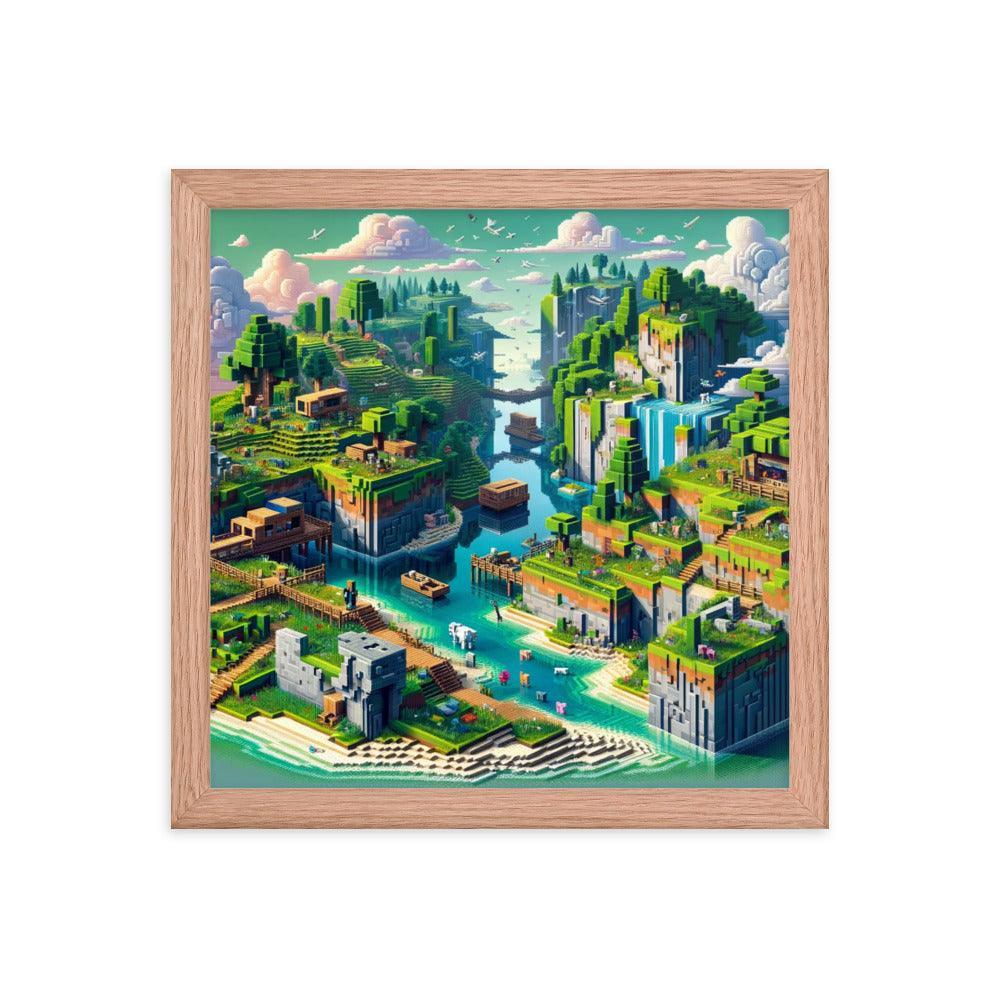 Minecraft Inspired Vibrant Block Landscape Digital Art Framed Poster - Oh Posters