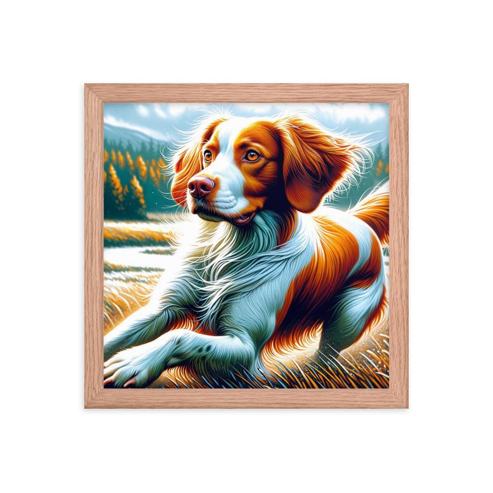 Brittany Dog in Nature Dynamic Pose with Vibrant Outdoor Scene Framed Poster - Oh Posters