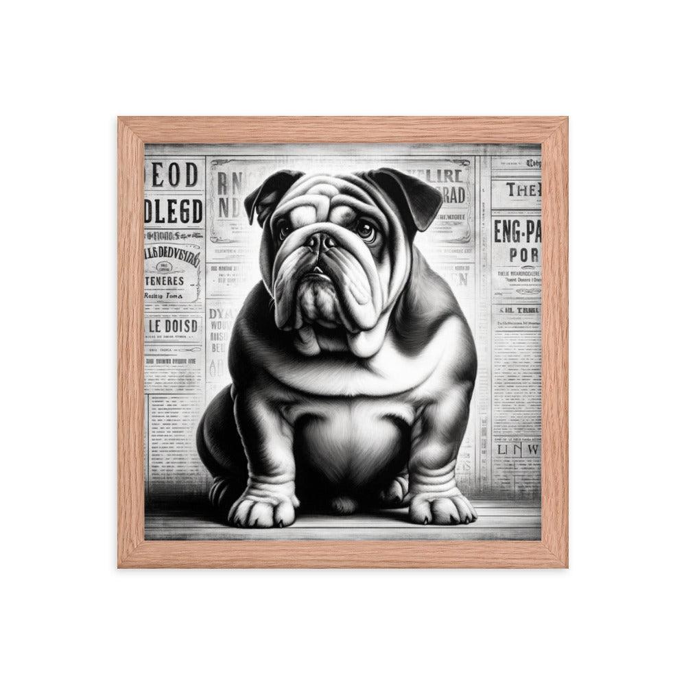 English Bulldog in Vintage Newspaper Style with Monochromatic Theme Art Framed Poster - Oh Posters