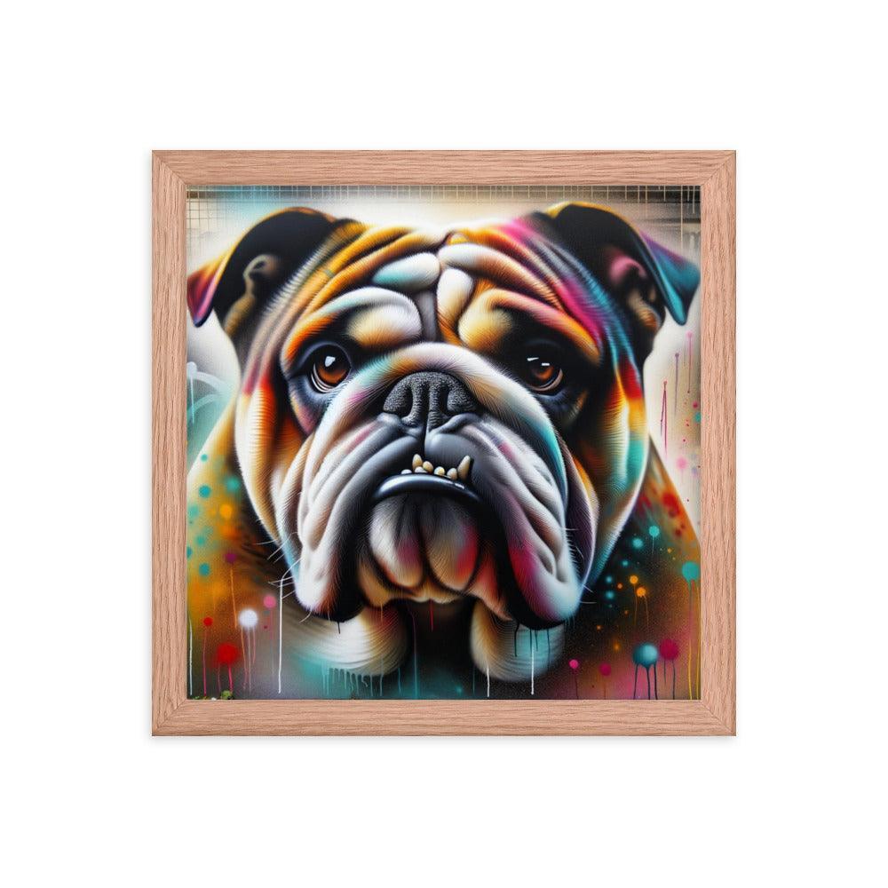 English Bulldog Graffiti Art with Vibrant Spray Paint and Urban Background Framed Poster - Oh Posters