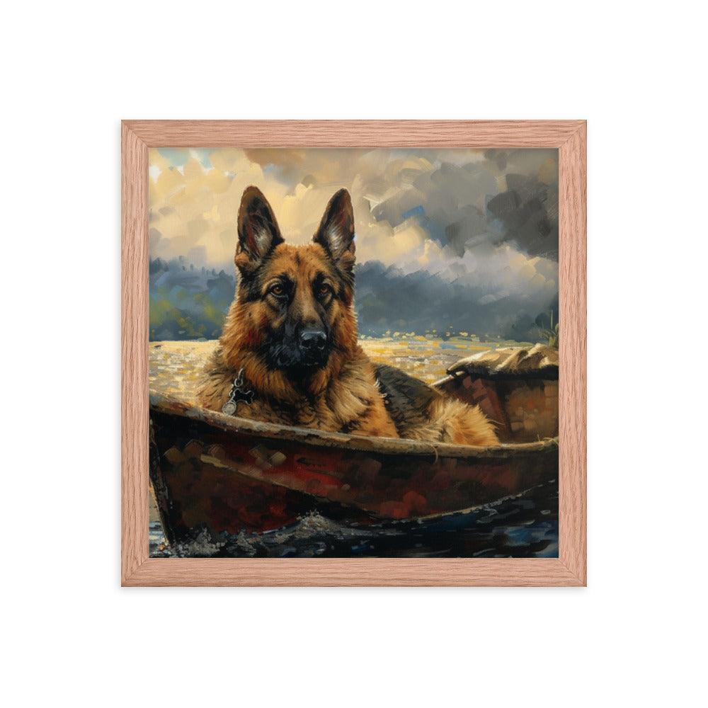 German Shepherd in Boat River Landscape Framed Poster - Oh Posters