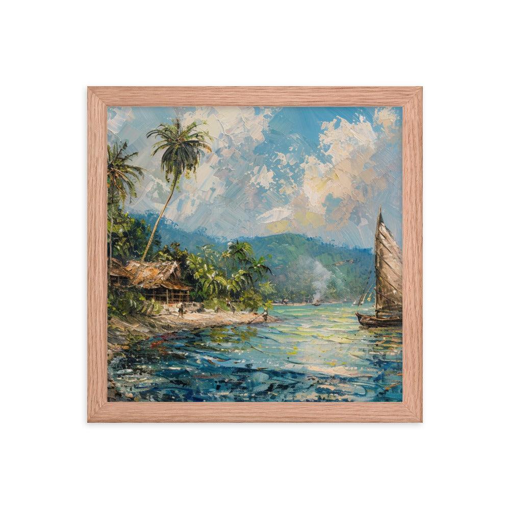 Comoros Beachside Hut and Sailboat Tropical Scene Framed Poster - Oh Posters