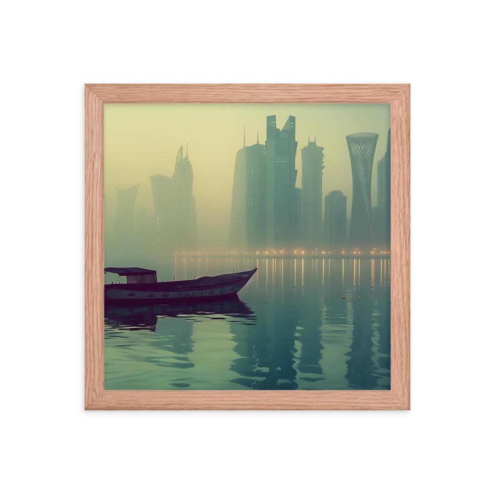 Qatar Foggy City Skyline Reflective Water Framed Poster - Oh Posters