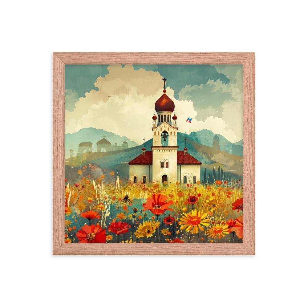 Romania Mountain Church Field of Flowers Framed Poster - Oh Posters