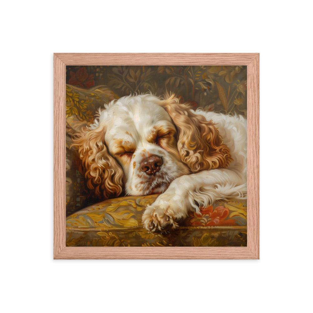 Clumber Spaniel Sleeping on Floral Sofa Painting Framed Poster - Oh Posters