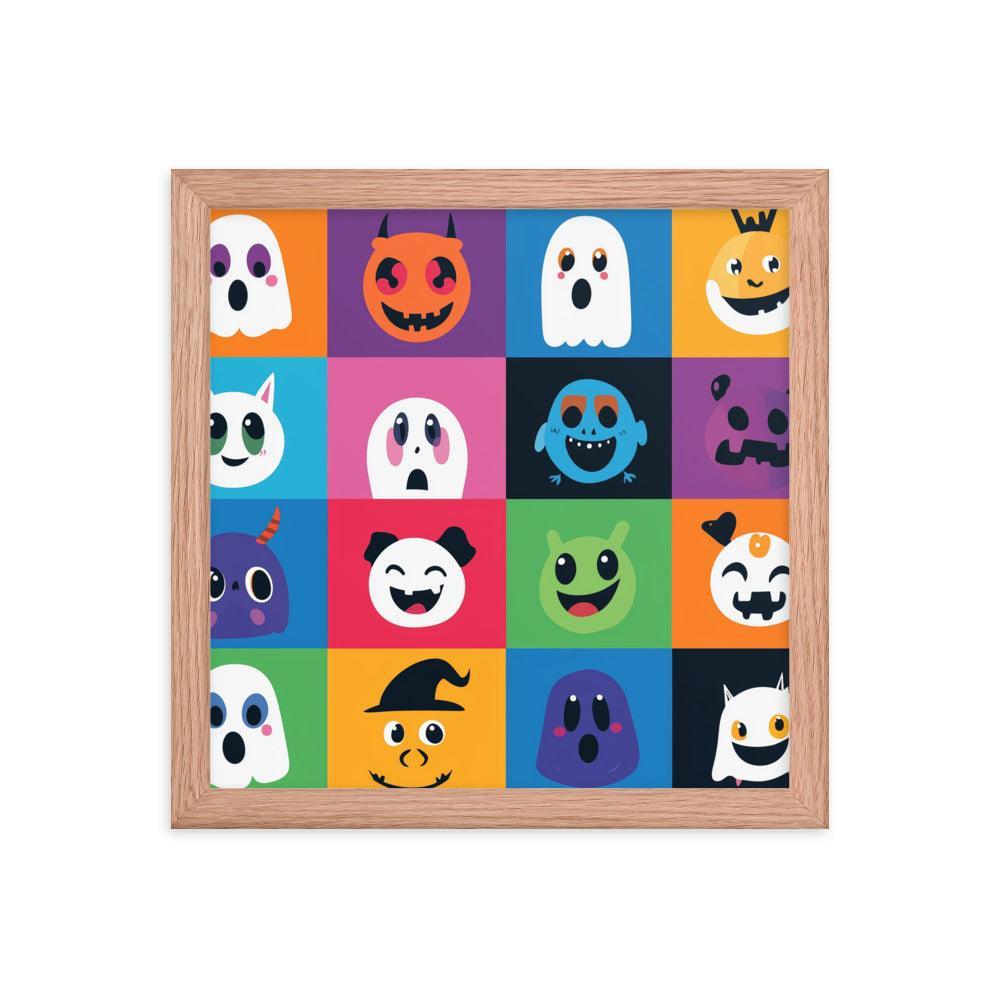 Cheerful Halloween Ghosts and Pumpkins Cartoon Faces Framed Poster - Oh Posters