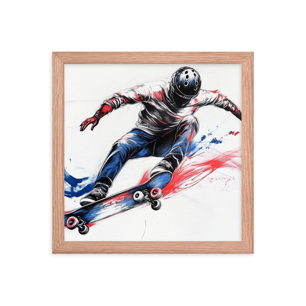 High-Energy Skateboarder with Helmet Abstract Sketch Framed Poster - Oh Posters