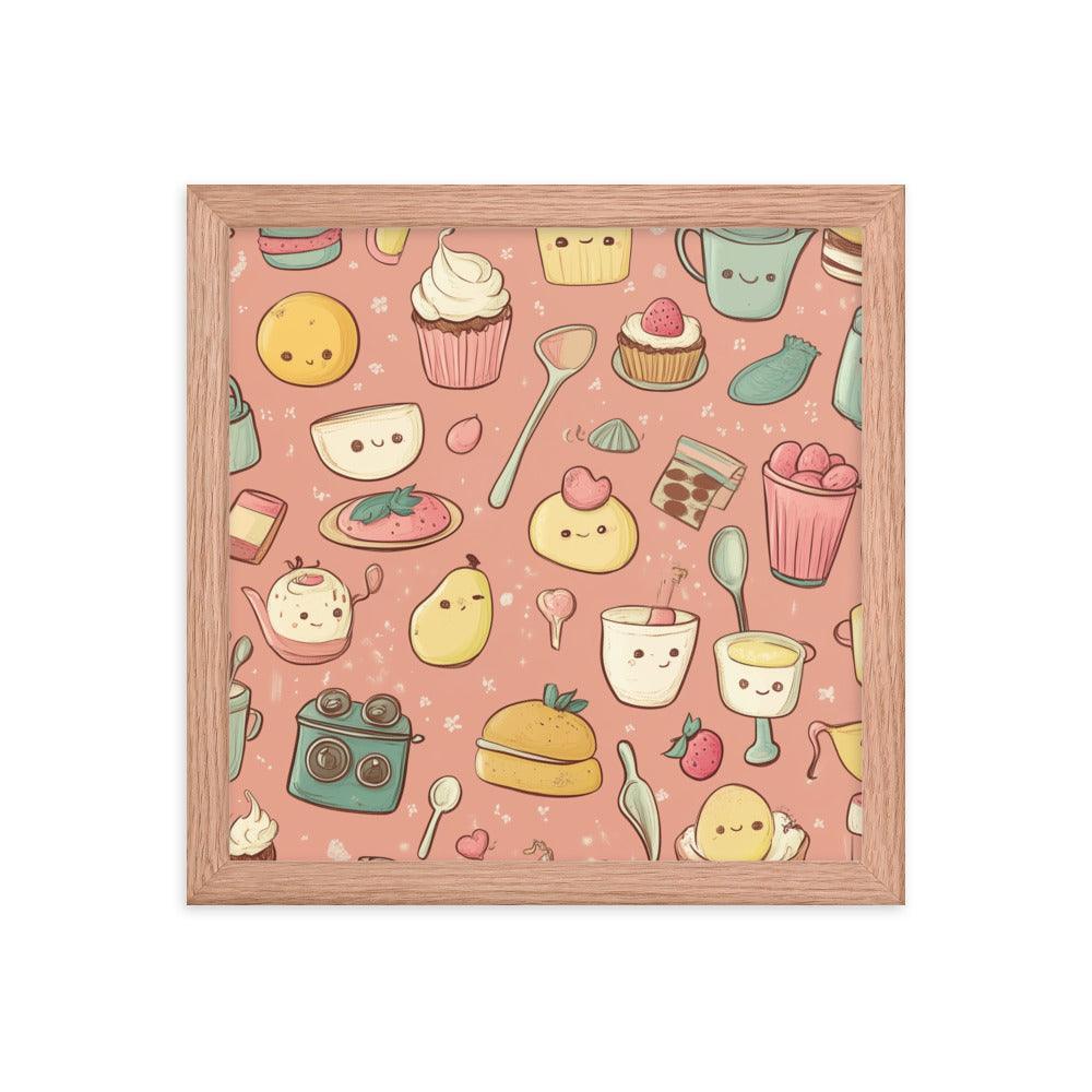 Kawaii Food and Kitchen Utensils Cute Doodle Pattern Framed Poster - Oh Posters