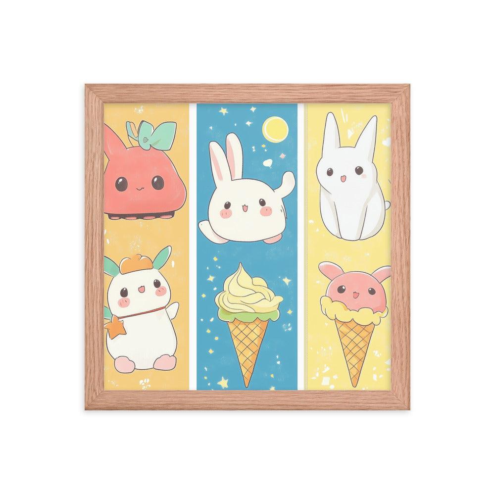 Kawaii Bunnies and Ice Cream Cute Character Strip Digital Art Framed Poster - Oh Posters