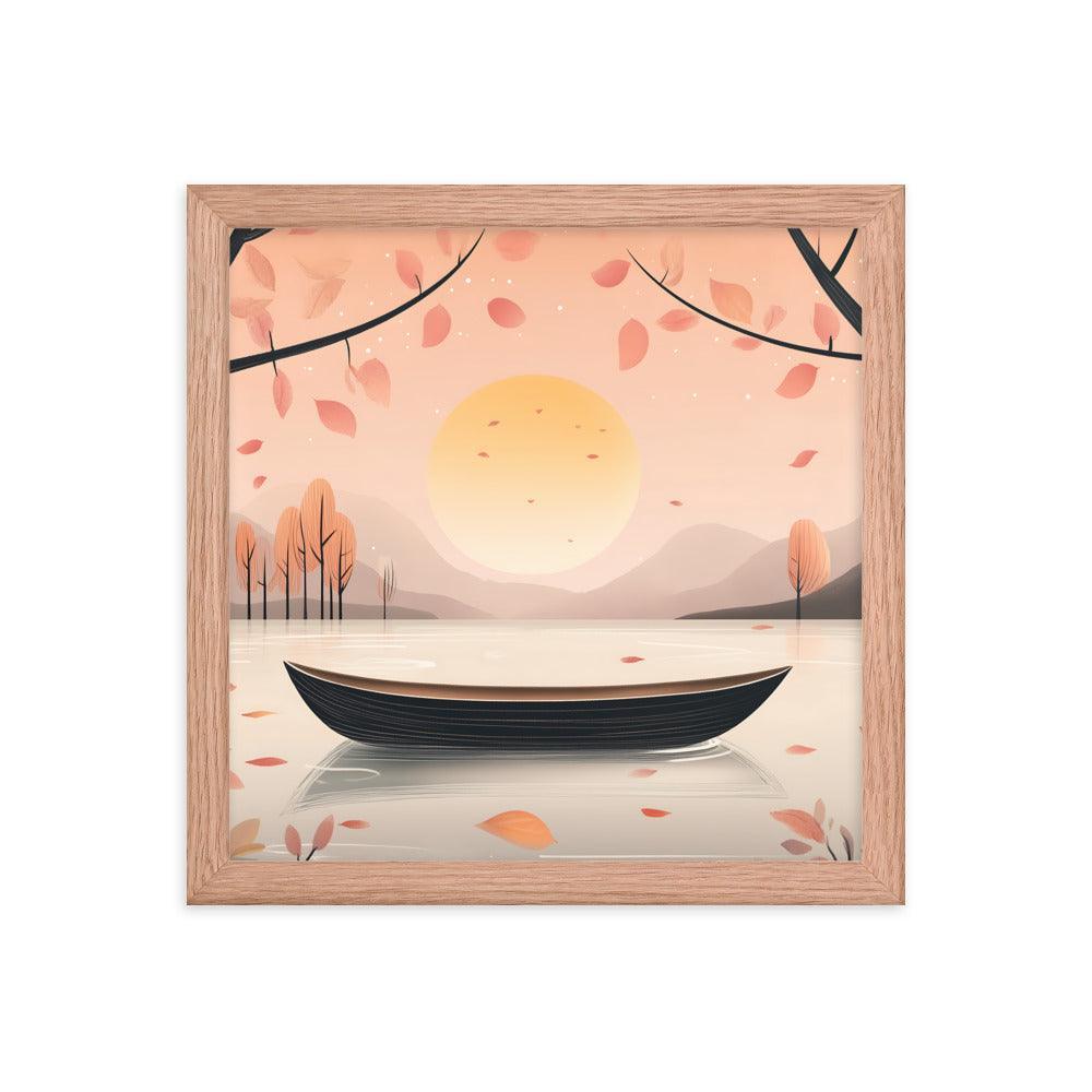 Peaceful Autumn Lake Scene with Soft Sunset and Falling Leaves Framed Poster - Oh Posters