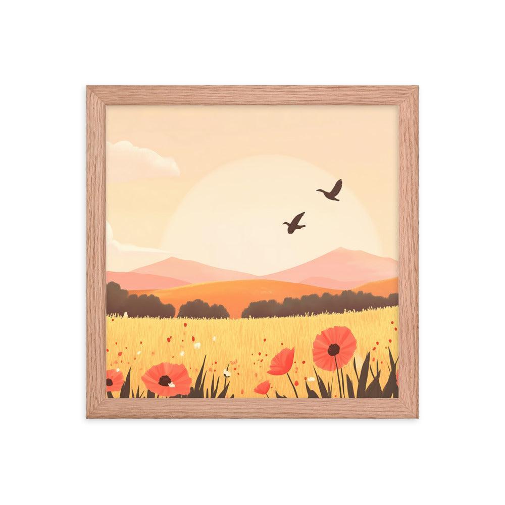 Sunset Field with Poppies and Birds in Pastel Landscape Framed Poster - Oh Posters