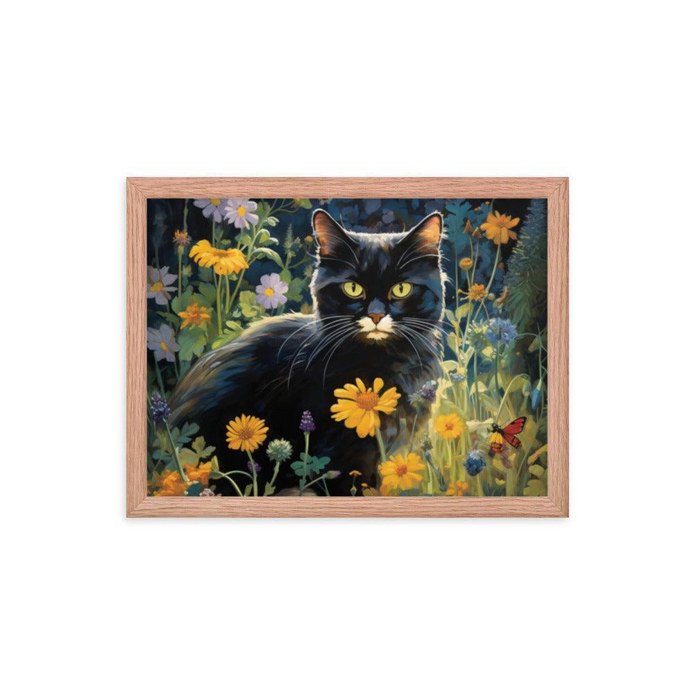 Cat in Moonlit Floral Garden Framed Poster - Oh Posters