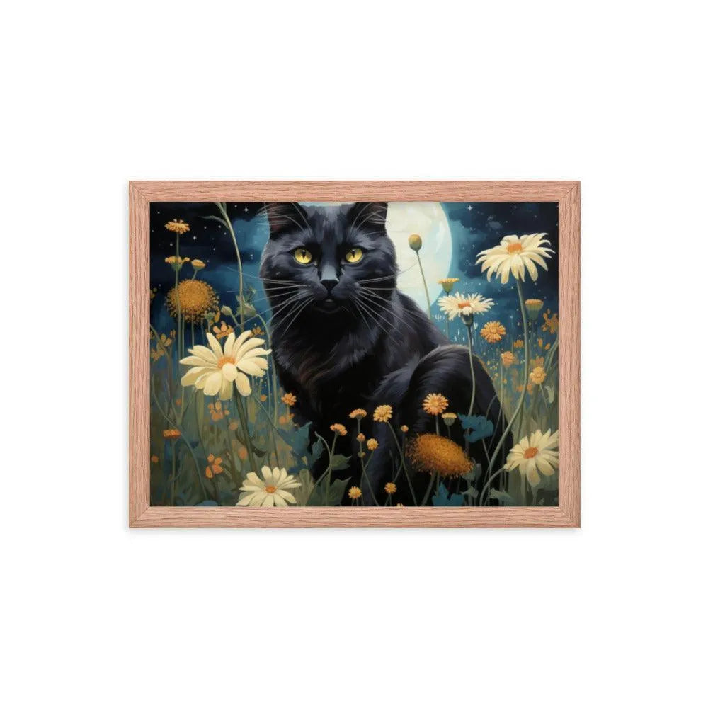 Cat in Moonlit Floral Garden Framed Poster - Oh Posters