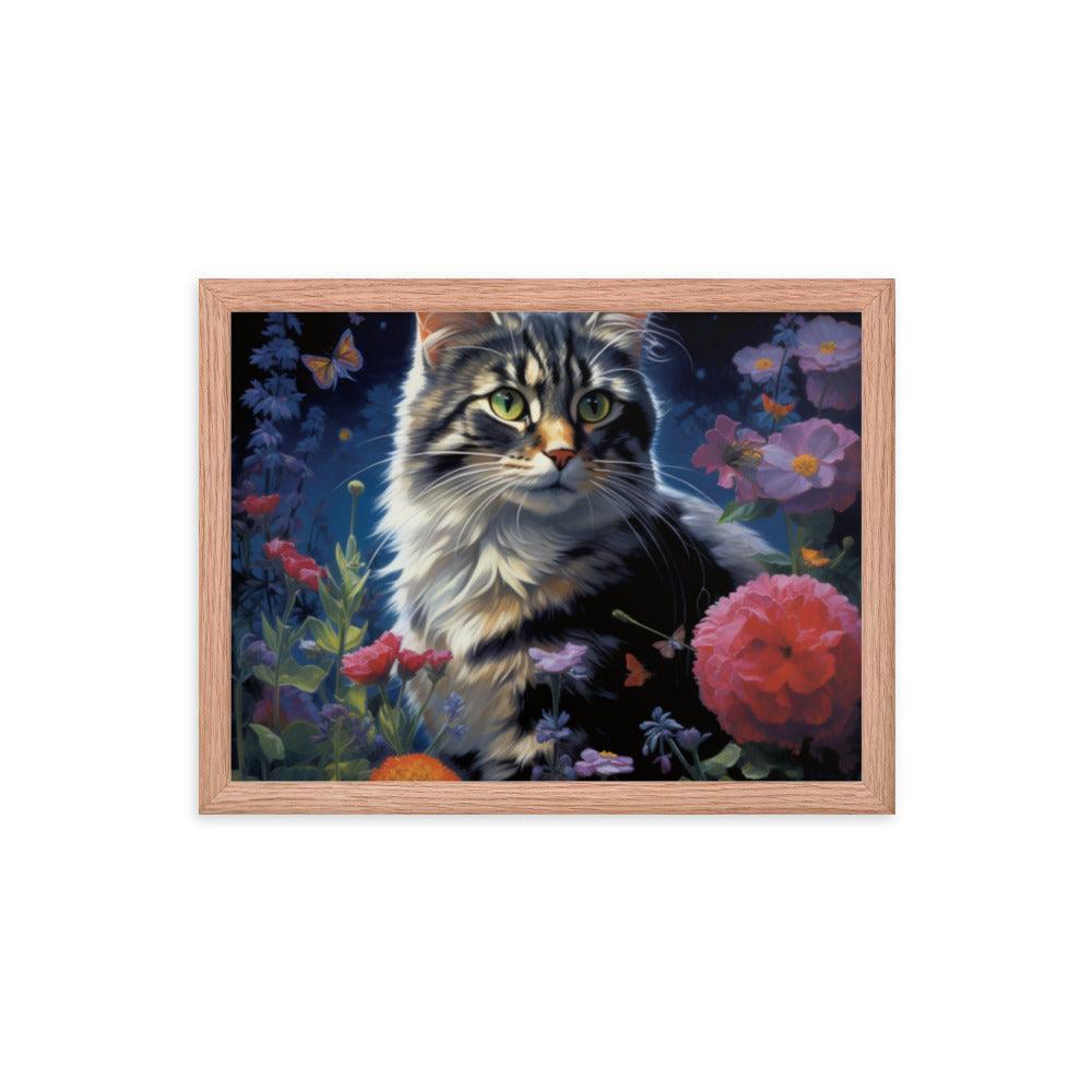 Cat in Moonlit Floral Garden Framed Poster - Oh Posters