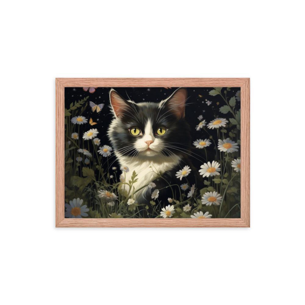 Cat in Moonlit Floral Garden Framed Poster - Oh Posters