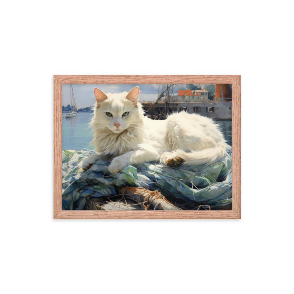 Cat Lounging at Seaside Harbor Framed Poster - Oh Posters