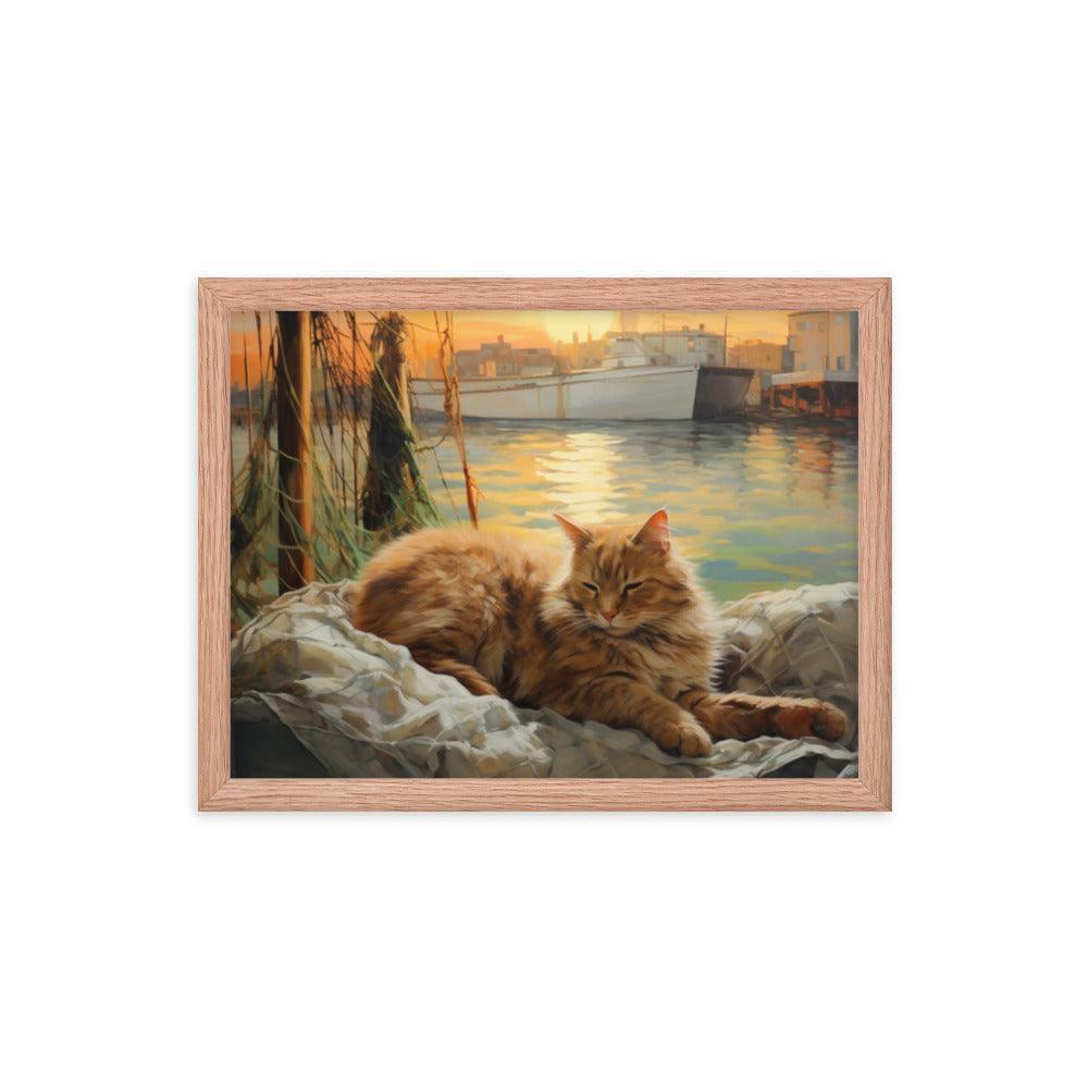 Cat Lounging at Seaside Harbor Framed Poster - Oh Posters