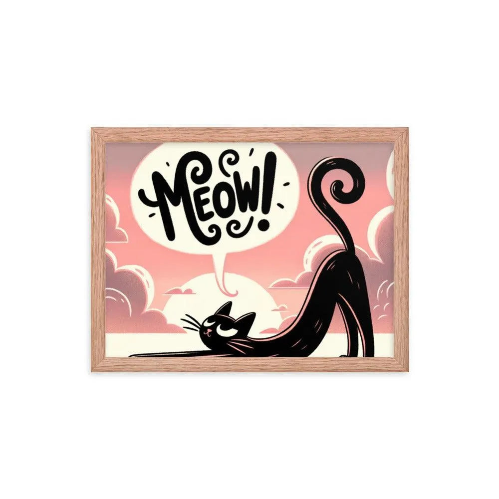 Cat Stretching Saying Meow at Sunset Framed Poster - Oh Posters