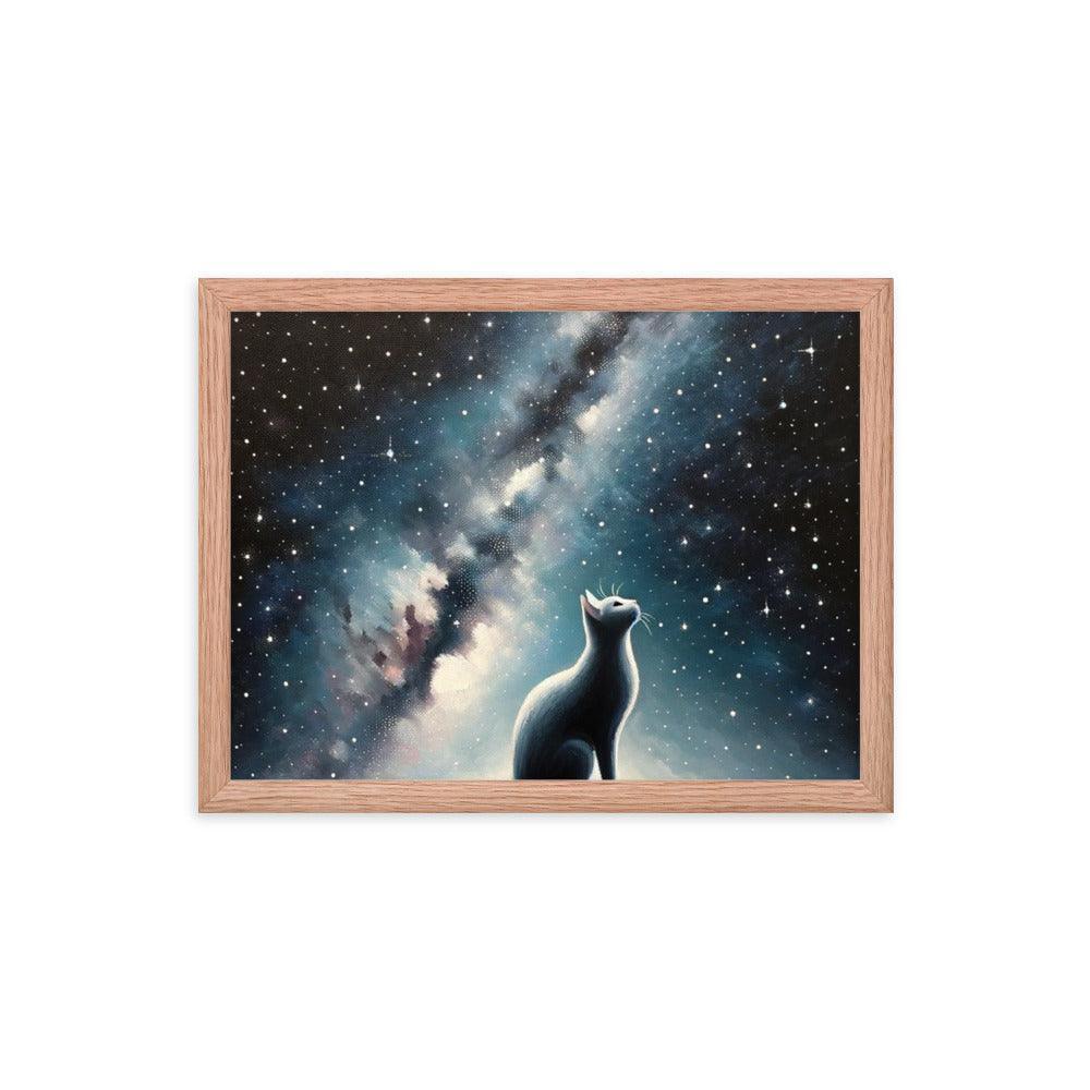 Cat on Hill Gazing at Moonlit Milky Way - Celestial Framed Poster - Oh Posters