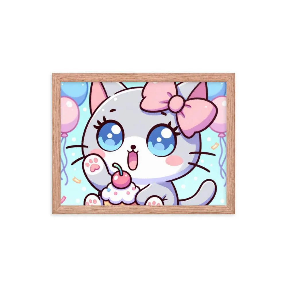 Kawaii Grey Cat with Cupcake Cute Anime Style Framed Poster - Oh Posters