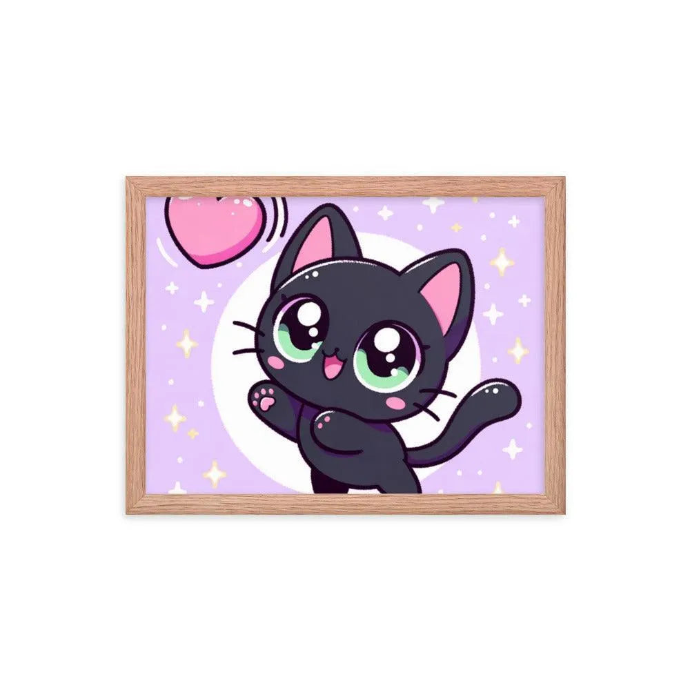 Kawaii Black Cat Heart Balloon Cute Illustration Framed Poster - Oh Posters