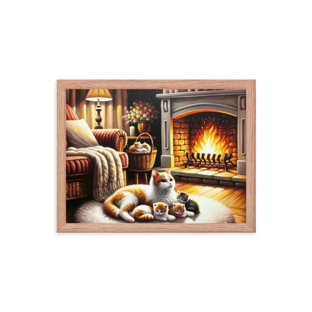 Cozy Fireplace Cat and Kittens Relaxing Art Framed Poster - Oh Posters